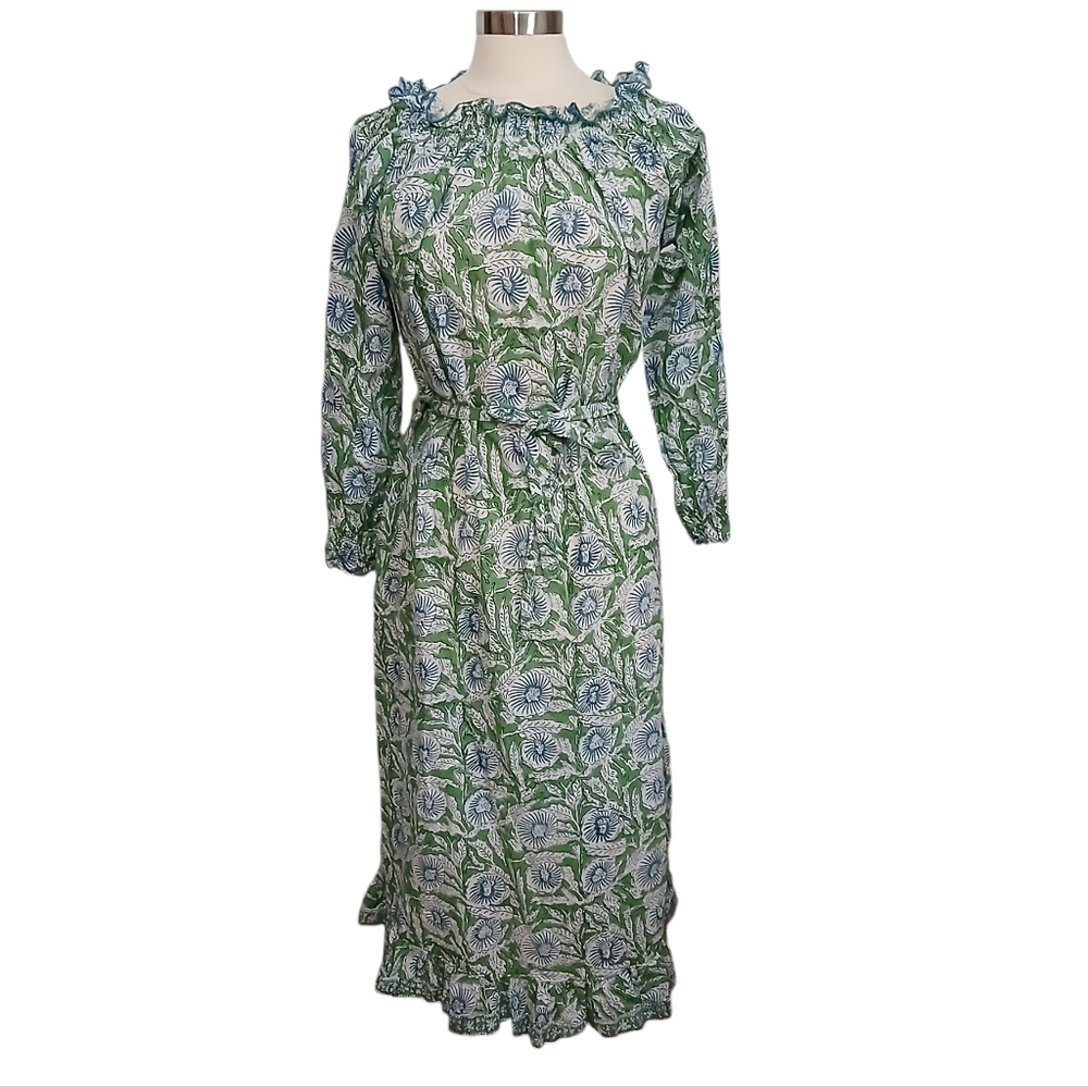 Karni | 100% Cotton Damask Batik Floral Smocked Puff Sleeve Mud Length Dress XS